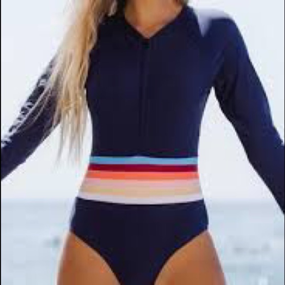 Rainbow Stripe Zipper Up Surfing Swimwear Swimsuit Long Sleeved Ladies Sz Large